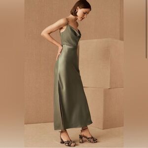 Elegant Olive Green Satin Dress